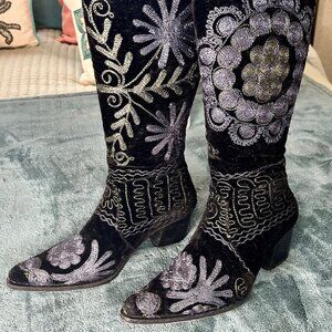 Erkan Demir - Artemis Black Velvet Boots w/ Stitched Embellishments -Sz. 38/ 7